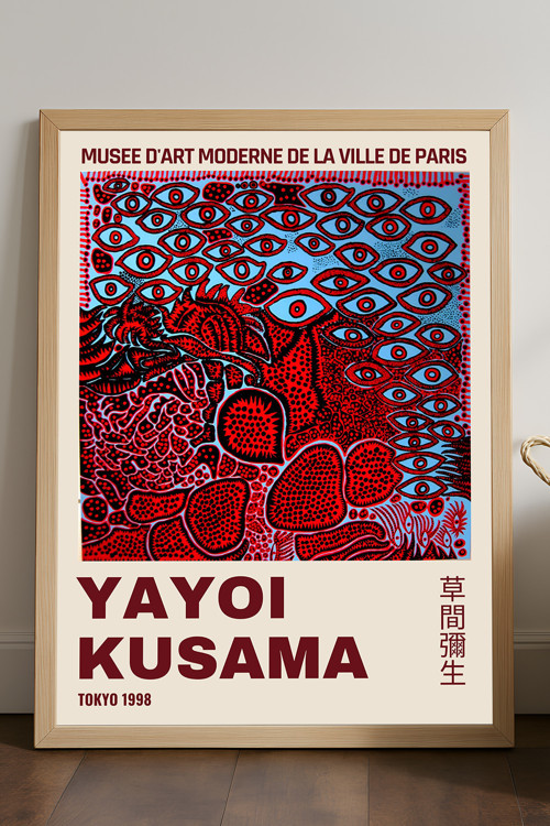Yayoi Kusama Doğal Ahşap Çerçeveli Poster, Dekoratif Sanatsal Duvar Tablosu