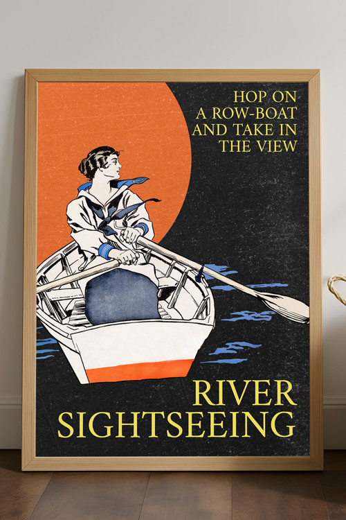 Row Boat Doğal Ahşap Çerçeveli Poster, Dekoratif Seyahat Duvar Tablosu