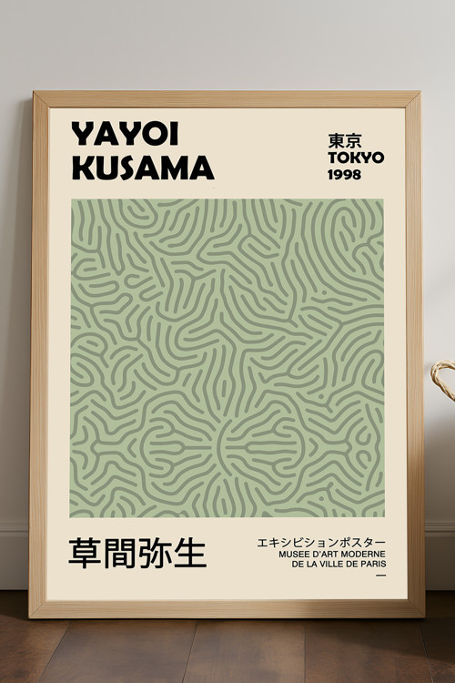 Yayoi Kusama Doğal Ahşap Çerçeveli Poster, Dekoratif Sanatsal Duvar Tablosu