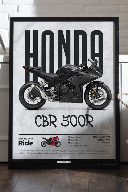 Honda CBR 500R Siyah Ahşap Çerçeveli Poster, Dekoratif Motosiklet Duvar Tablosu