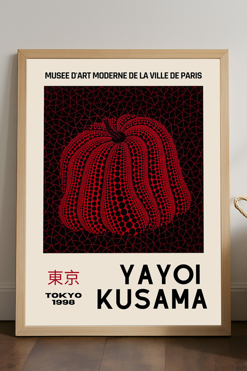 Yayoi Kusama Doğal Ahşap Çerçeveli Poster, Dekoratif Sanatsal Duvar Tablosu