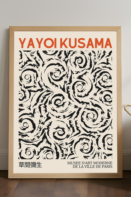 Yayoi Kusama Doğal Ahşap Çerçeveli Poster, Dekoratif Sanatsal Duvar Tablosu
