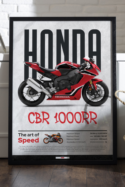 Honda CBR 1000RR Siyah Ahşap Çerçeveli Poster, Dekoratif Motosiklet Duvar Tablosu