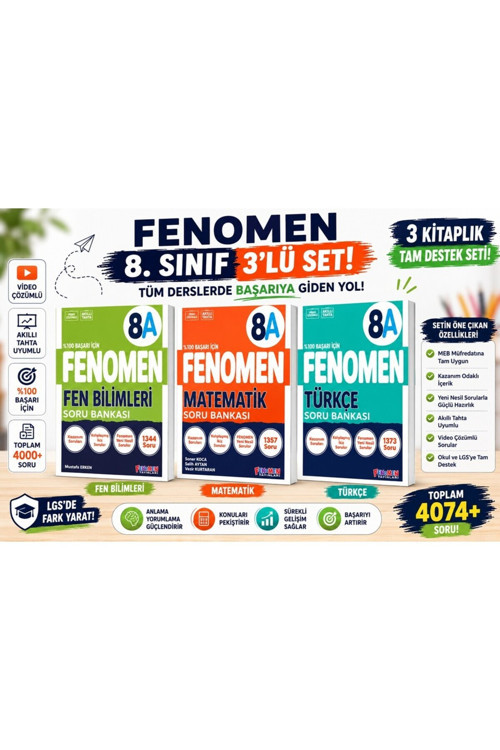 Fenomen 8. Sınıf Sayısal Ve Sözel Başarı Seti (Fen Bilimleri + Matematik + Türkçe) | 3 Kitap | Video Çözümlü