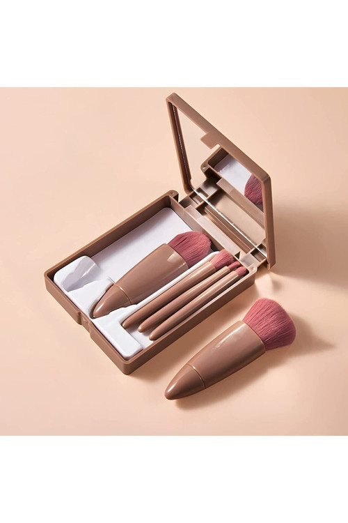 Taşınabilir Aynalı 5'li Makyaj Fırça Seti Profesyonel Allık Dudak Kaş Kapatıcı / Makeup Brush