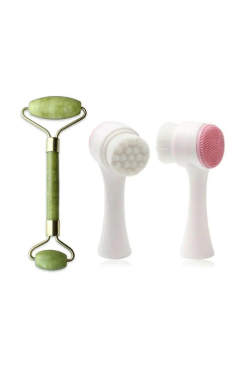 Jade Roller 2'li Yeşim Taşı Masaj Aleti Ve Silikon Yüz Temizleme Fırçası