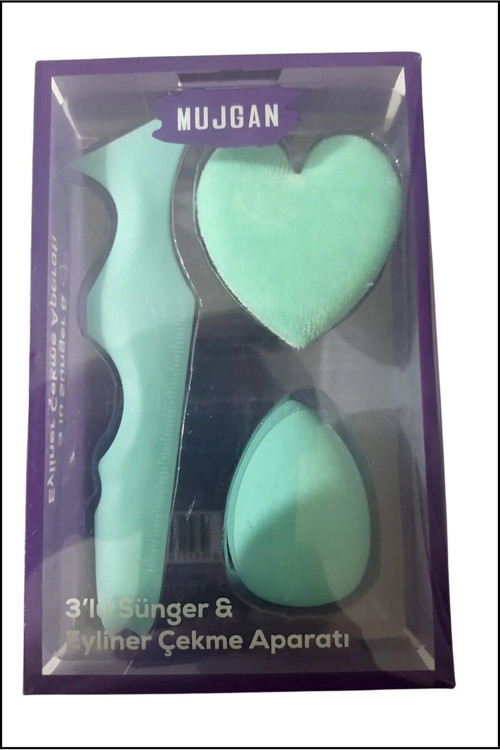 3'lü Sünger ve Eyeliner Çekme Aparatı Yeşil Renk