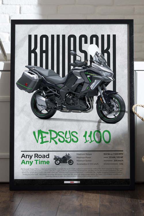 Kawasaki Versys 1100 Siyah Ahşap Çerçeveli Poster, Dekoratif Motosiklet Duvar Tablosu