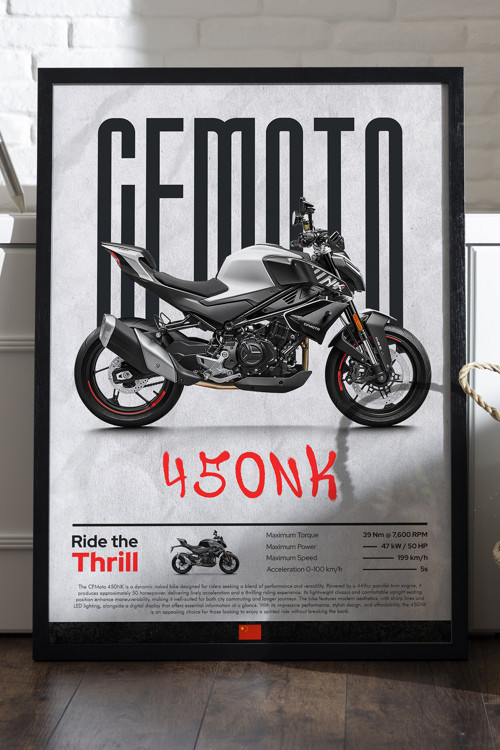 Cf Moto 450 Nk Siyah Ahşap Çerçeveli Poster, Dekoratif Motosiklet Duvar Tablosu