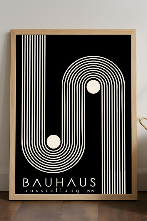 Bauhaus Doğal Ahşap Çerçeveli Poster, Dekoratif Sanatsal Duvar Tablosu