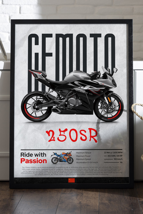 Cfmoto 250 Sr Siyah Ahşap Çerçeveli Poster, Dekoratif Motosiklet Duvar Tablosu