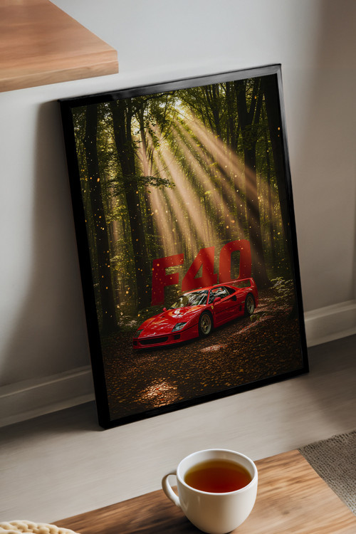 Ferrari F40 Siyah Ahşap Çerçeveli Poster, Dekoratif Araba Duvar Tablosu