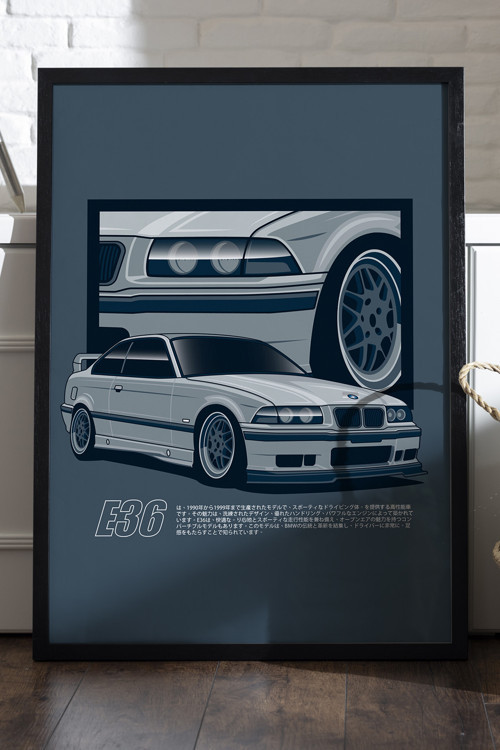 Bmw E36 Siyah Ahşap Çerçeveli Poster, Dekoratif Araba Duvar Tablosu