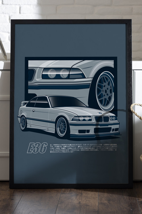 Bmw E36 Siyah Ahşap Çerçeveli Poster, Dekoratif Araba Duvar Tablosu