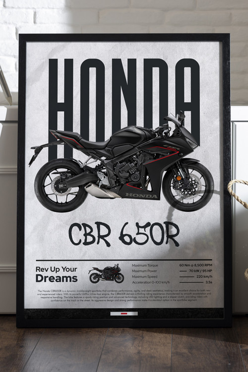 Honda Cbr 650R Siyah Ahşap Çerçeveli Poster, Dekoratif Motosiklet Duvar Tablosu
