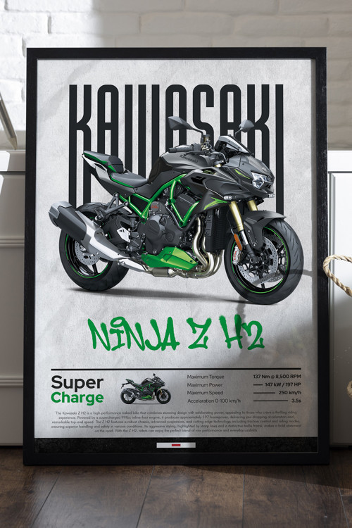 Kawasaki Ninja Z H2 Siyah Ahşap Çerçeveli Poster, Dekoratif Motosiklet Duvar Tablosu