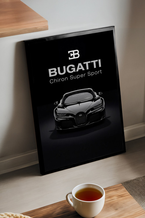Bugatti Chiron Siyah Ahşap Çerçeveli Poster, Dekoratif Araba Duvar Tablosu