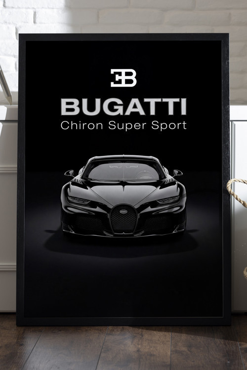 Bugatti Chiron Siyah Ahşap Çerçeveli Poster, Dekoratif Araba Duvar Tablosu
