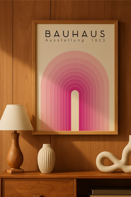 Bauhaus Doğal Ahşap Çerçeveli Poster, Dekoratif Sanatsal Duvar Tablosu