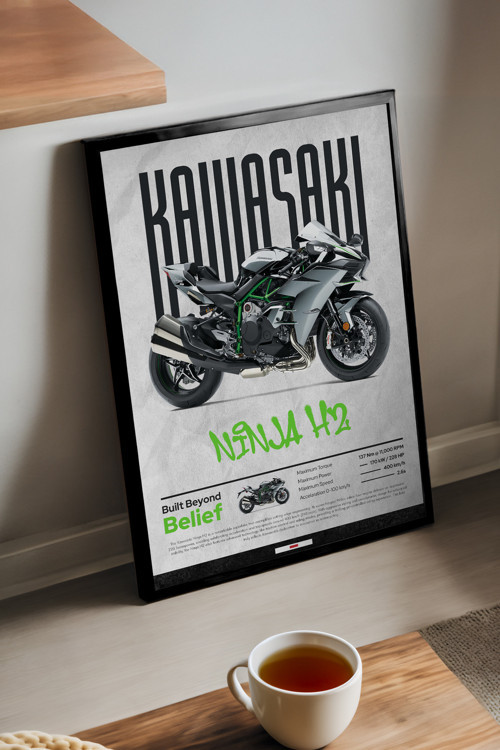 Kawasaki Ninja H2 Siyah Ahşap Çerçeveli Poster, Dekoratif Motosiklet Duvar Tablosu