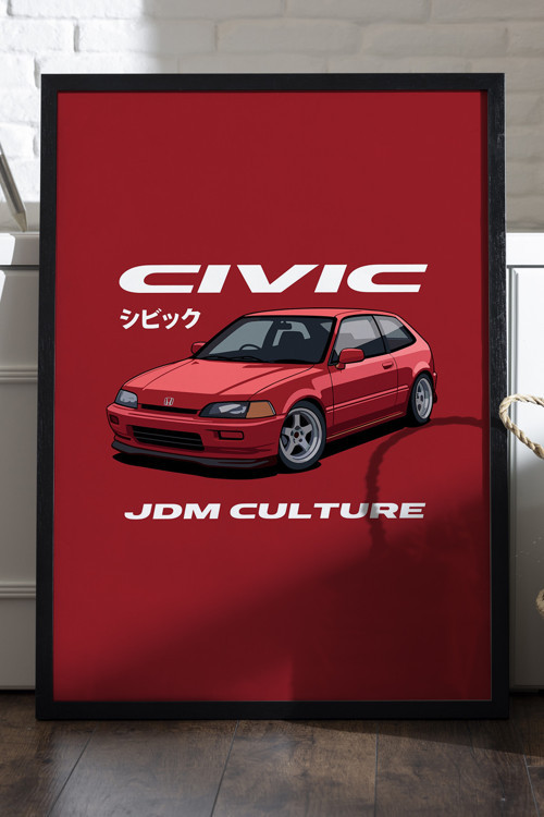Honda Civic Siyah Ahşap Çerçeveli Poster, Dekoratif Jdm Araba Duvar Tablosu