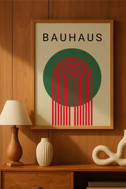 Bauhaus Doğal Ahşap Çerçeveli Poster, Dekoratif Sanatsal Duvar Tablosu