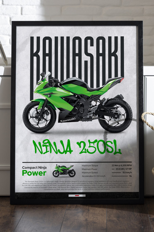 Kawasaki Ninja 250 Sl Siyah Ahşap Çerçeveli Poster, Dekoratif Motosiklet Duvar Tablosu