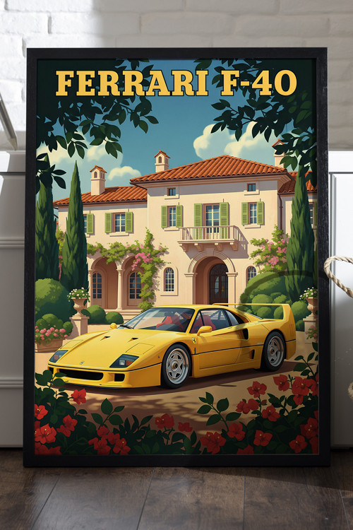 Ferrari F40 Siyah Ahşap Çerçeveli Poster, Dekoratif Araba Duvar Tablosu