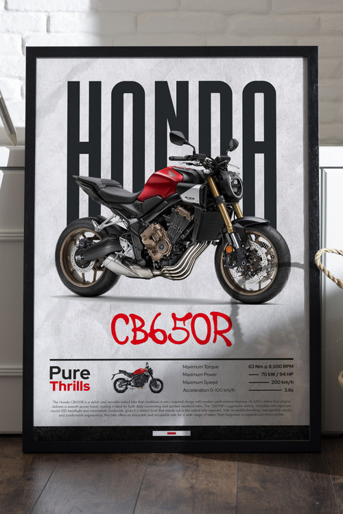 Honda Cb650R Siyah Ahşap Çerçeveli Poster, Dekoratif Motosiklet Duvar Tablosu