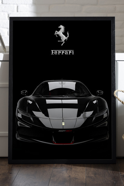 Ferrari Sf90 Siyah Ahşap Çerçeveli Poster, Dekoratif Araba Duvar Tablosu
