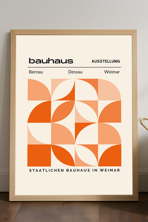 Bauhaus Doğal Ahşap Çerçeveli Poster, Dekoratif Sanatsal Duvar Tablosu