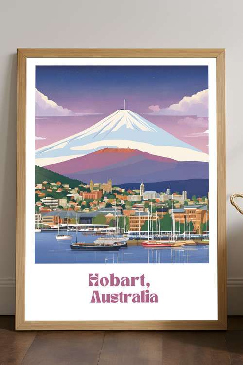 Hobart Doğal Ahşap Çerçeveli Poster, Dekoratif Seyahat Duvar Tablosu