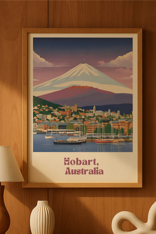 Hobart Doğal Ahşap Çerçeveli Poster, Dekoratif Seyahat Duvar Tablosu