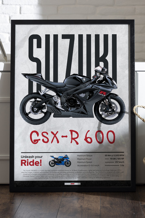 Suzuki Gsx-R 600 Siyah Ahşap Çerçeveli Poster, Dekoratif Motosiklet Duvar Tablosu