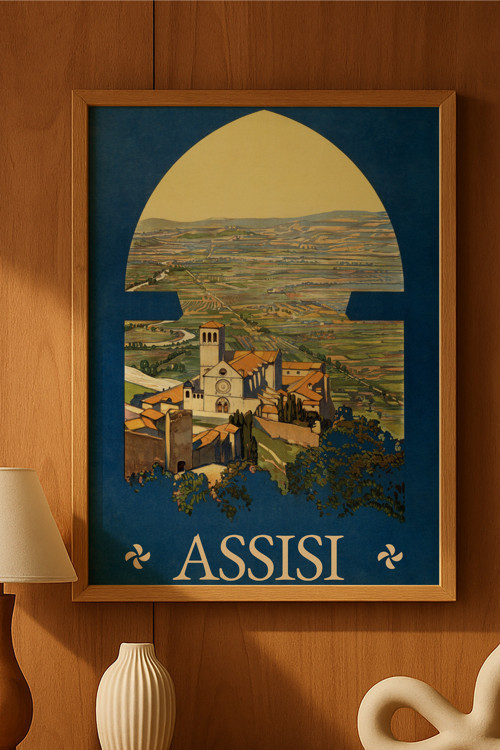 Assisi Doğal Ahşap Çerçeveli Poster, Dekoratif Seyahat Duvar Tablosu