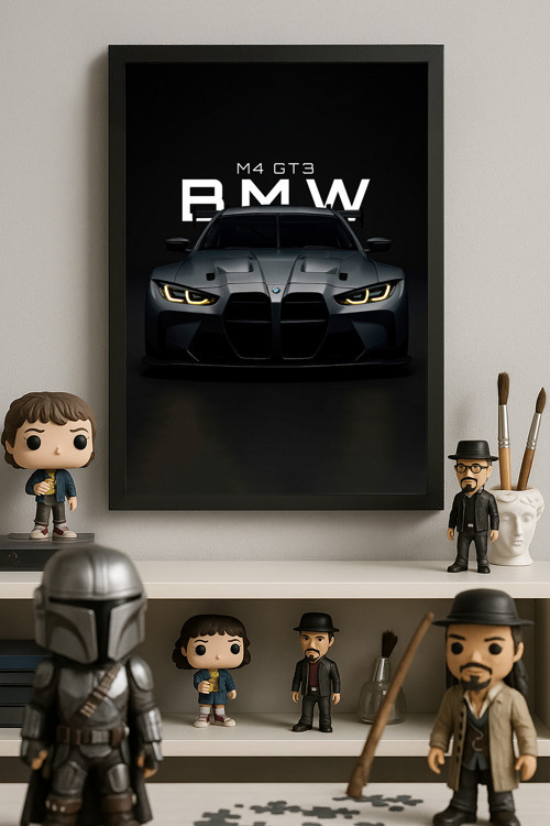 Bmw M4 Gt3 Siyah Ahşap Çerçeveli Poster, Dekoratif Araba Duvar Tablosu