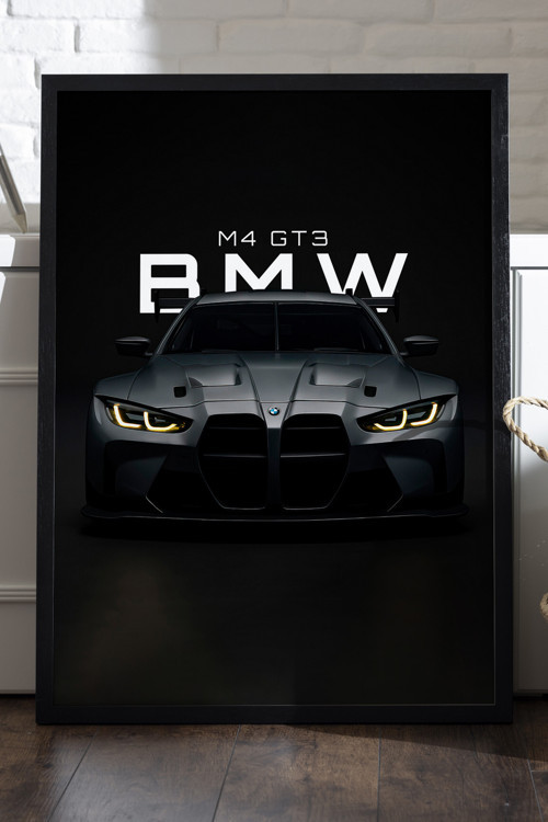 Bmw M4 Gt3 Siyah Ahşap Çerçeveli Poster, Dekoratif Araba Duvar Tablosu