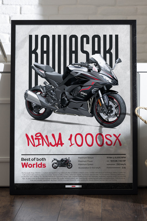Kawasaki Ninja 1000 Sx Siyah Ahşap Çerçeveli Poster, Dekoratif Motosiklet Duvar Tablosu