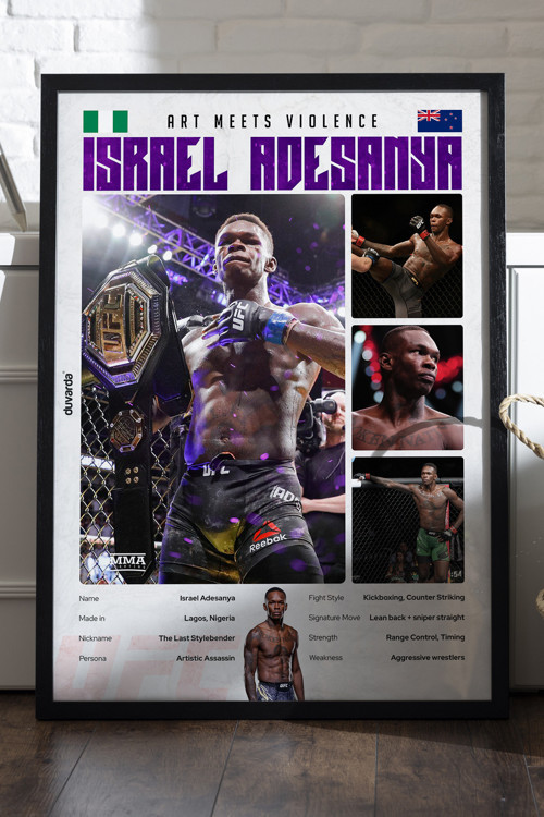 Israel Adesanya Siyah Ahşap Çerçeveli Poster, Dekoratif Dövüş Duvar Tablosu