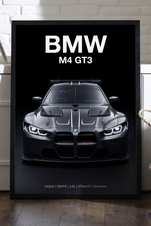 Bmw M4 Gt3 Siyah Ahşap Çerçeveli Poster, Dekoratif Araba Duvar Tablosu