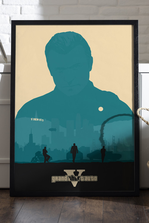 Gta V Siyah Ahşap Çerçeveli Poster, Dekoratif Oyun Duvar Tablosu