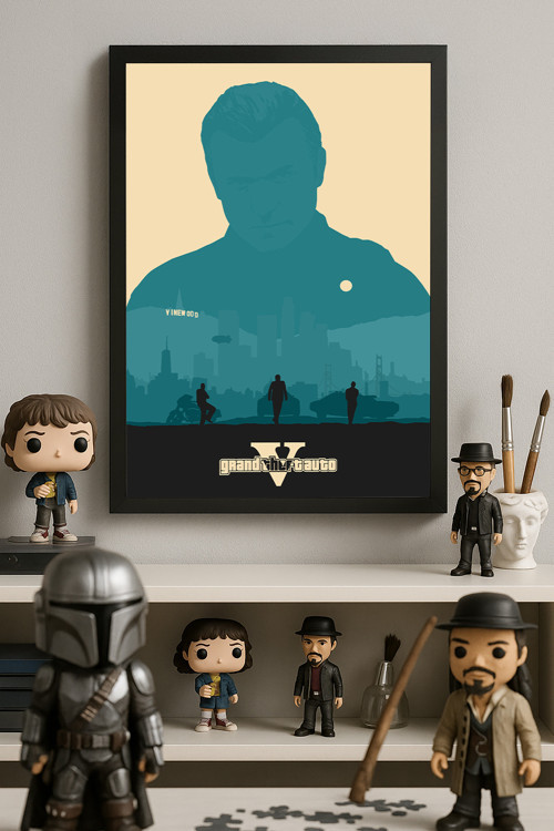 Gta V Siyah Ahşap Çerçeveli Poster, Dekoratif Oyun Duvar Tablosu