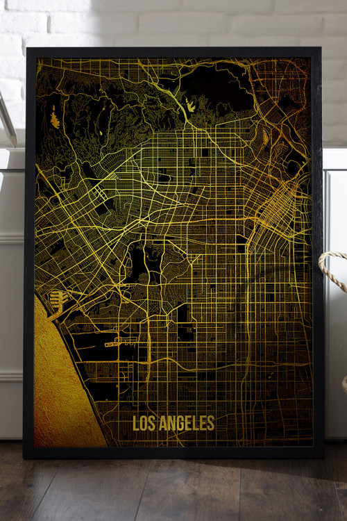 Los Angeles Şehir Haritası Siyah Ahşap Çerçeveli Poster, Dekoratif Harita Duvar Tablosu