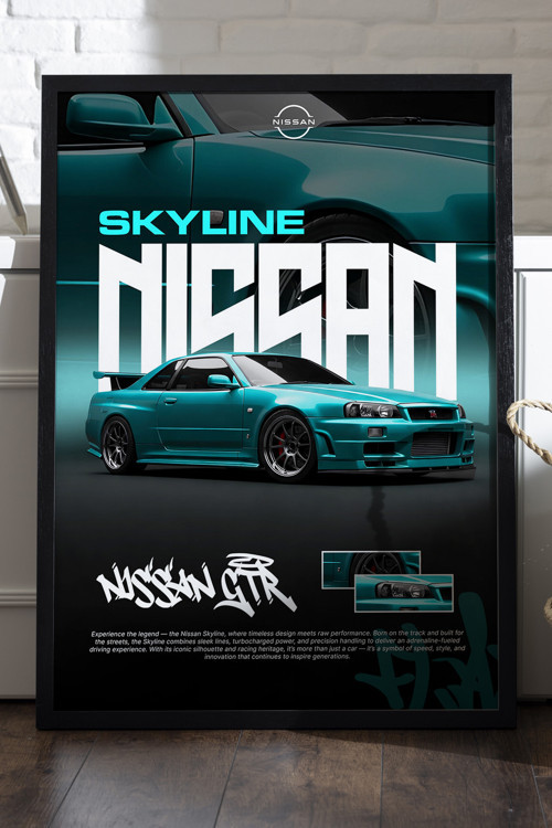 Nissan Gt-R Skyline Siyah Ahşap Çerçeveli Poster, Dekoratif Araba Duvar Tablosu
