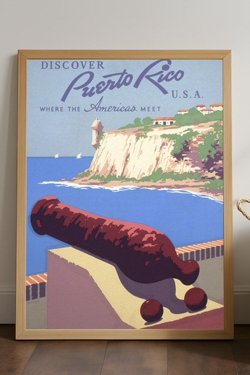 Puerto Rico Doğal Ahşap Çerçeveli Poster, Dekoratif Seyahat Duvar Tablosu