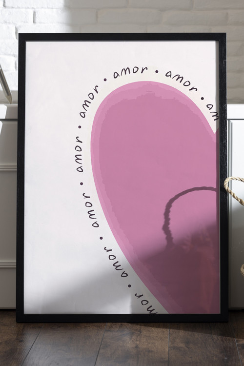 Pembe Kalp Doğal Ahşap Çerçeveli Poster, Dekoratif Hediyelik Duvar Tablosu