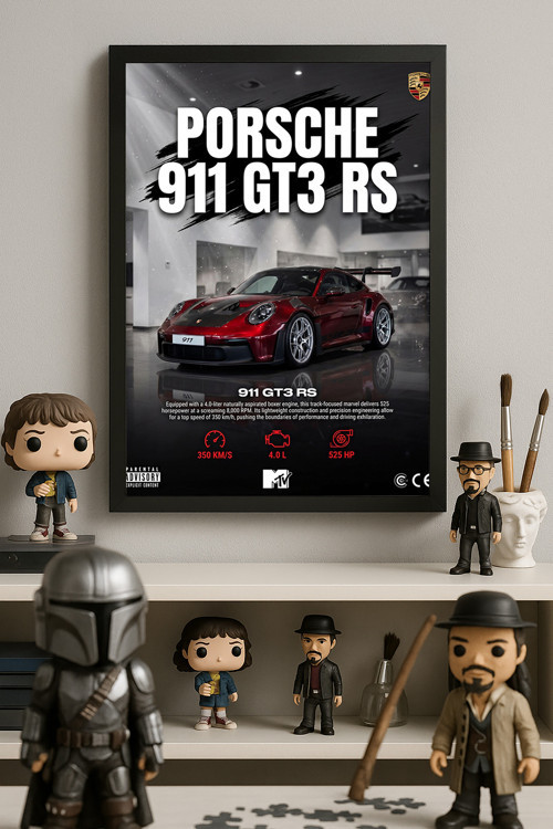 Porsche 911 Gt3 Rs Siyah Ahşap Çerçeveli Poster, Dekoratif Araba Duvar Tablosu