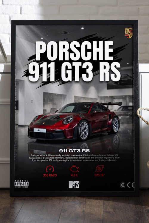 Porsche 911 Gt3 Rs Siyah Ahşap Çerçeveli Poster, Dekoratif Araba Duvar Tablosu