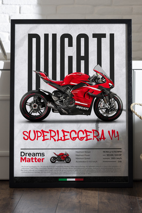 Ducati Superleggera V4 Siyah Ahşap Çerçeveli Poster, Dekoratif Motosiklet Duvar Tablosu