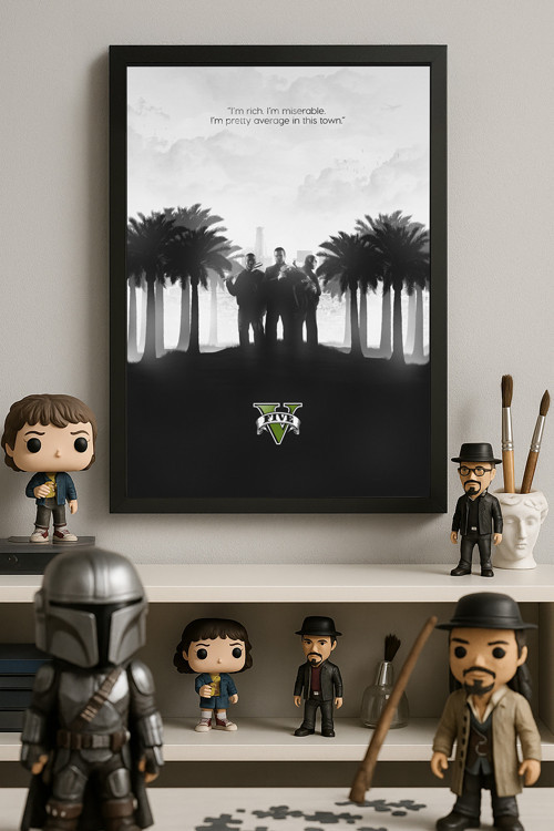 Gta V Siyah Ahşap Çerçeveli Poster, Dekoratif Oyun Duvar Tablosu